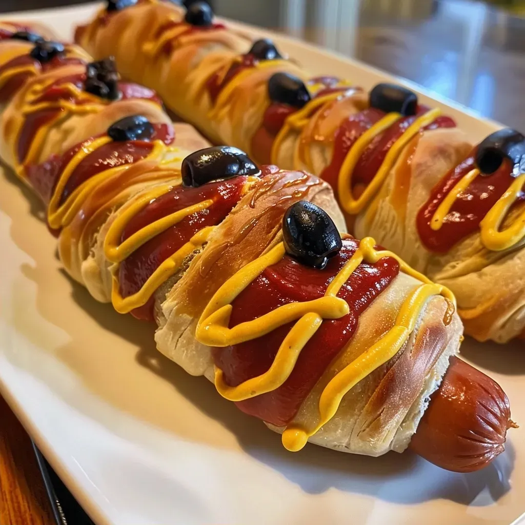 Juicy hot dogs wrapped in flaky crescent roll dough, styled as creepy spider shapes.
