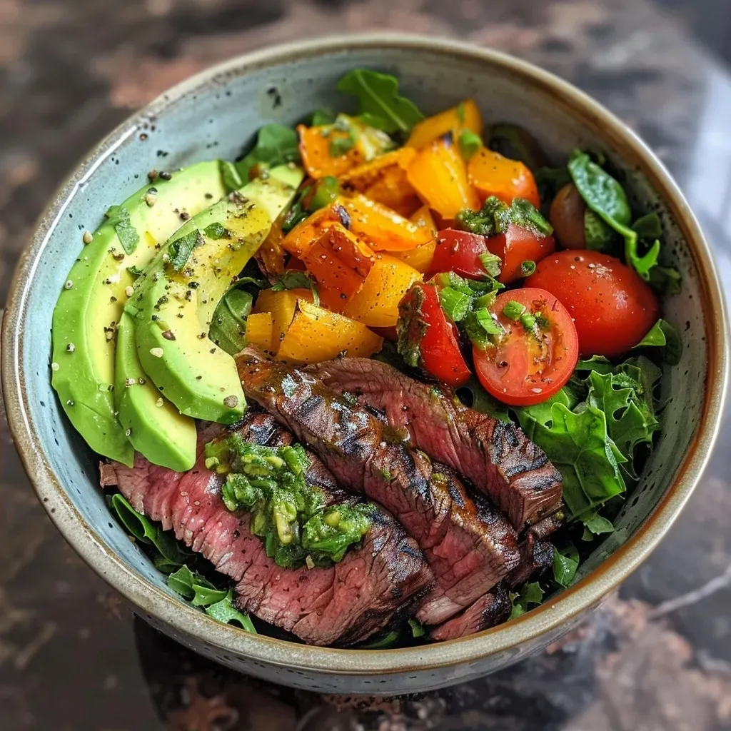 Side view of a succulent Steak Power Bowl packed with juicy steak, roasted veggies, and creamy avocado.