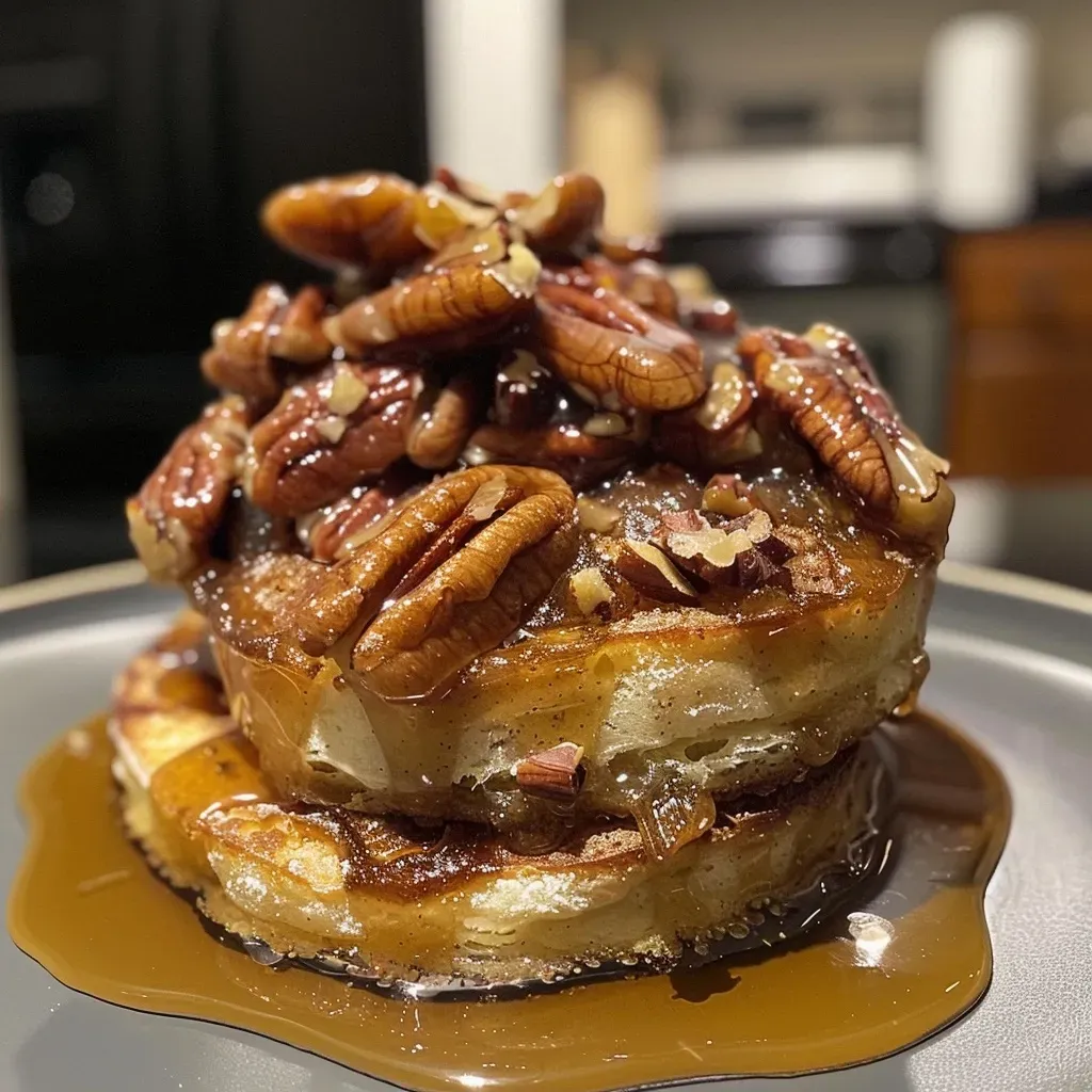 Side view of gooey cinnamon rolls topped with pecans and caramel.