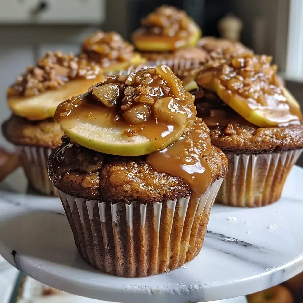 Juicy sticky toffee apple buns topped with a glaze, showcasing apple slices and nuts.