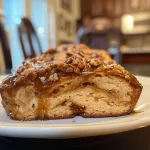 Close-up of sticky buns drizzled with caramel sauce and topped with pecans.