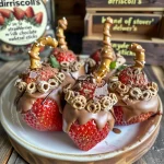 Juicy strawberries arranged like witch brooms with chocolate and pretzel stick handles.
