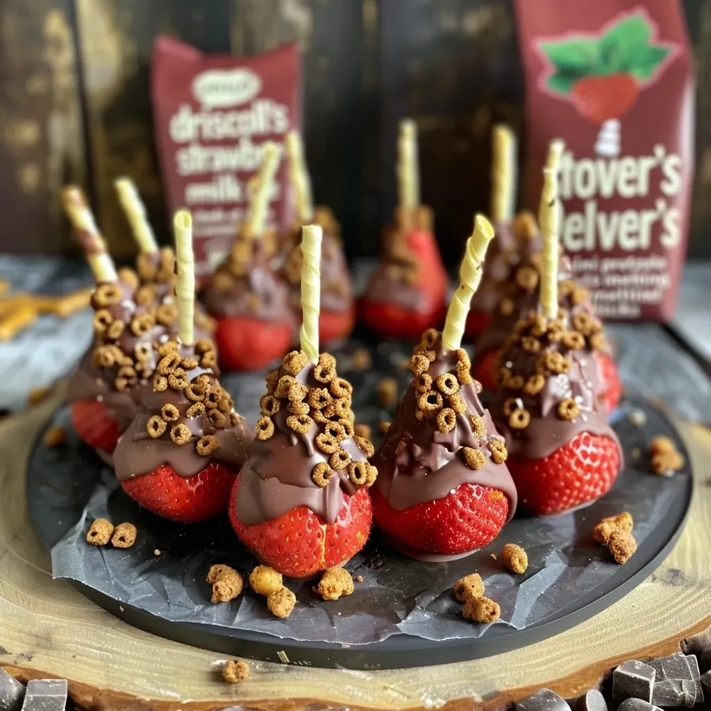 Close-up of colorful strawberry broomsticks with chocolate coatings and cheerios.