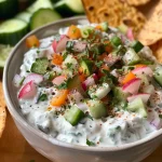 A close-up view of a creamy Summer Garden Vegetable Dip in a bowl surrounded by fresh vegetables.