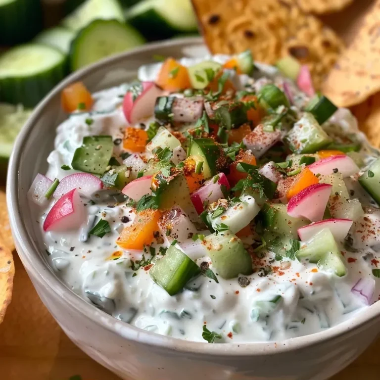 Refreshing Delights: Crafting the Perfect Summer Garden Vegetable Dip A close-up view of a creamy Summer Garden Vegetable Dip in a bowl surrounded by fresh vegetables.