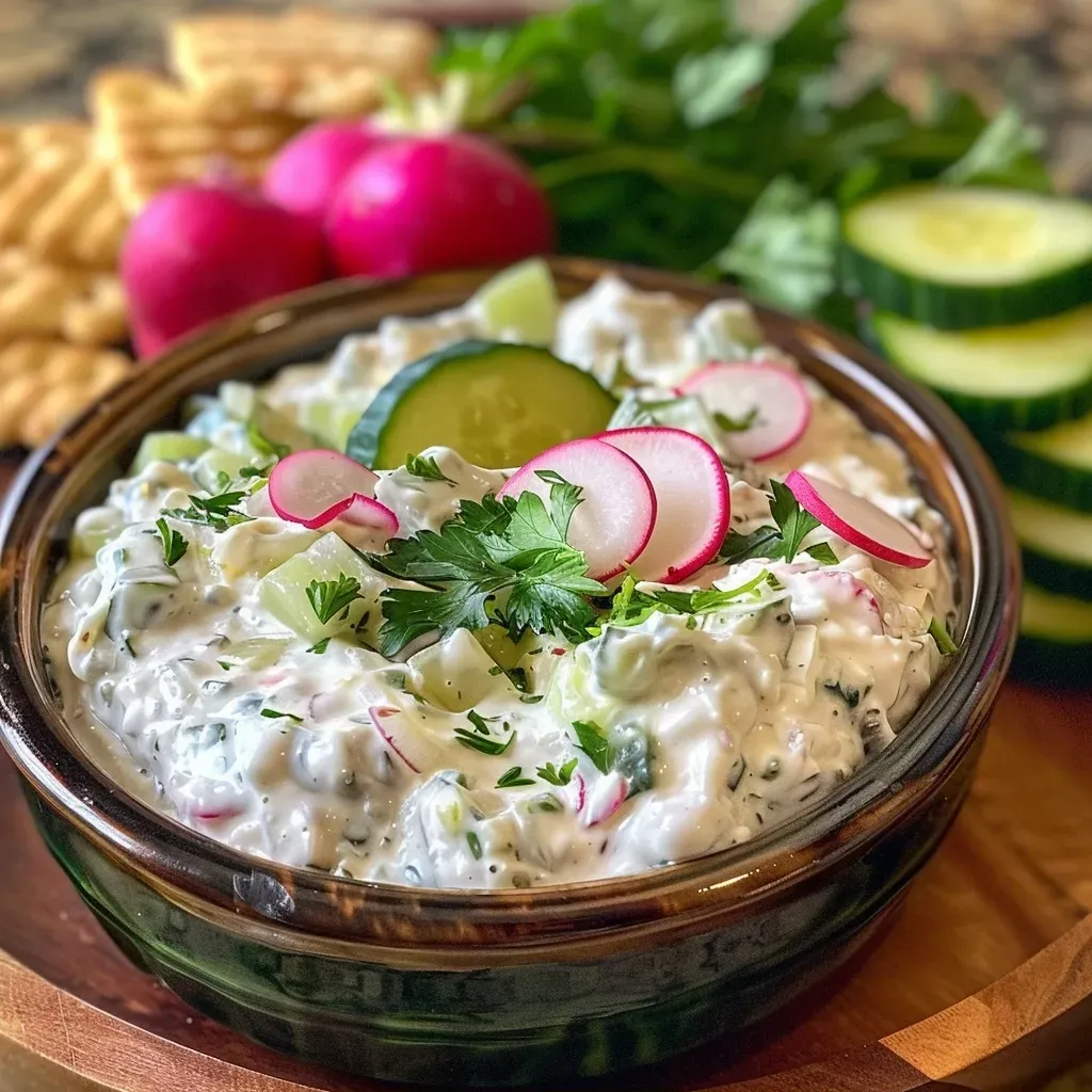 Side angle shot of a vibrant vegetable dip featuring chopped radishes, peppers, and cucumbers.