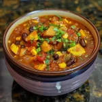 A close-up view of a bowl of vibrant summer vegetable chili with colorful ingredients.