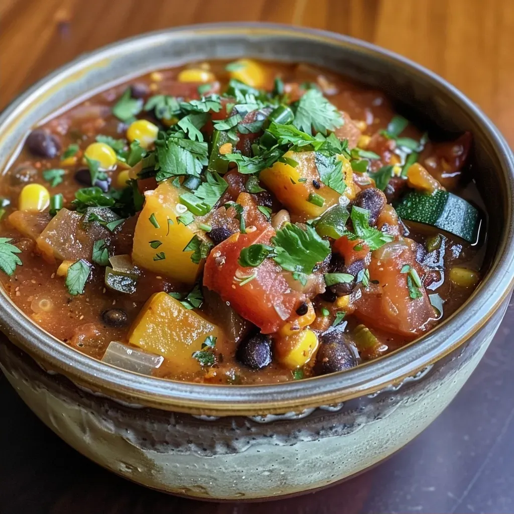 Juicy summer vegetable chili featuring yellow onion, bell pepper, and beans, captured on an iPhone.