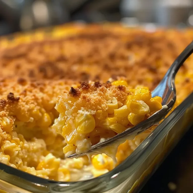 A Heartwarming Sweet Creamed Corn Casserole to Brighten Any Table Close-up view of a bubbling Sweet Creamed Corn Casserole topped with a golden crust.