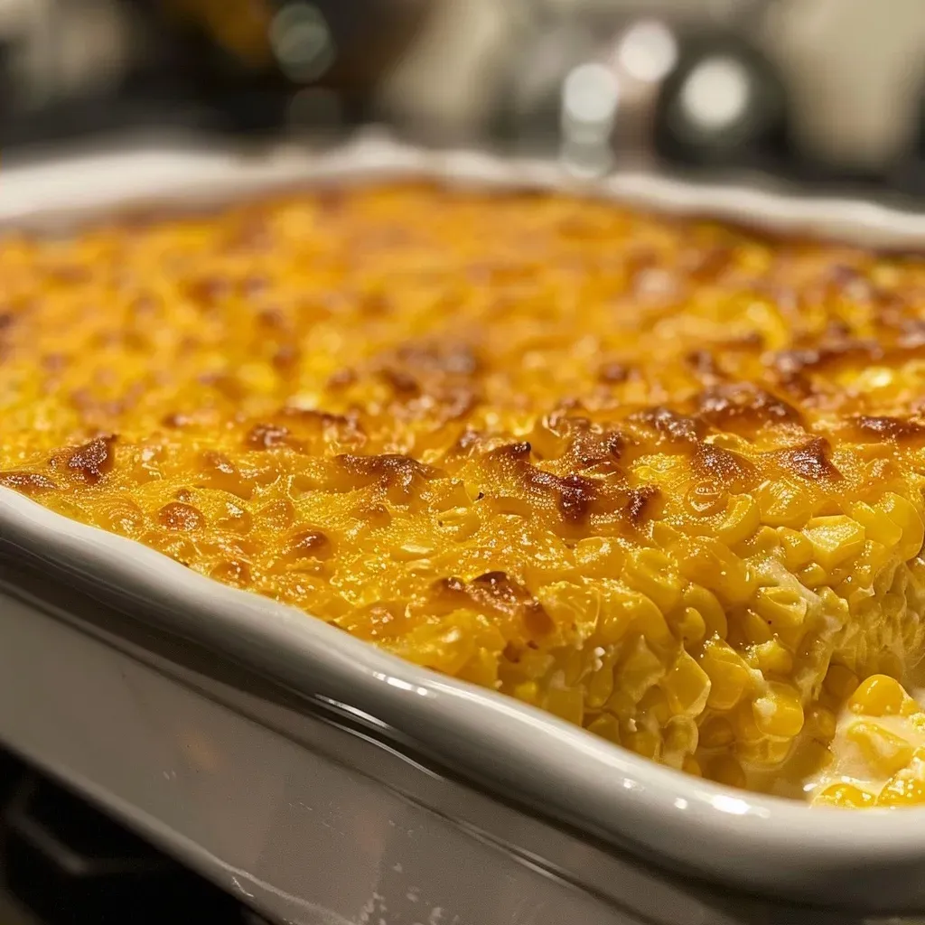Side view of a creamy corn casserole served in a dish, showcasing its rich texture and ingredients.