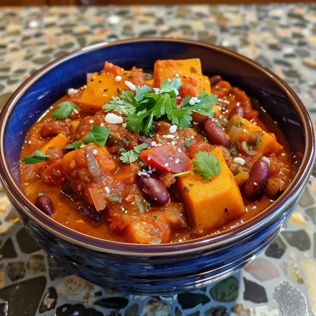 Tasty sweet potato chili in a bowl, showcasing diced vegetables and a rich tomato base.