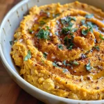 Close-up view of vibrant orange sweet potato hummus in a bowl.