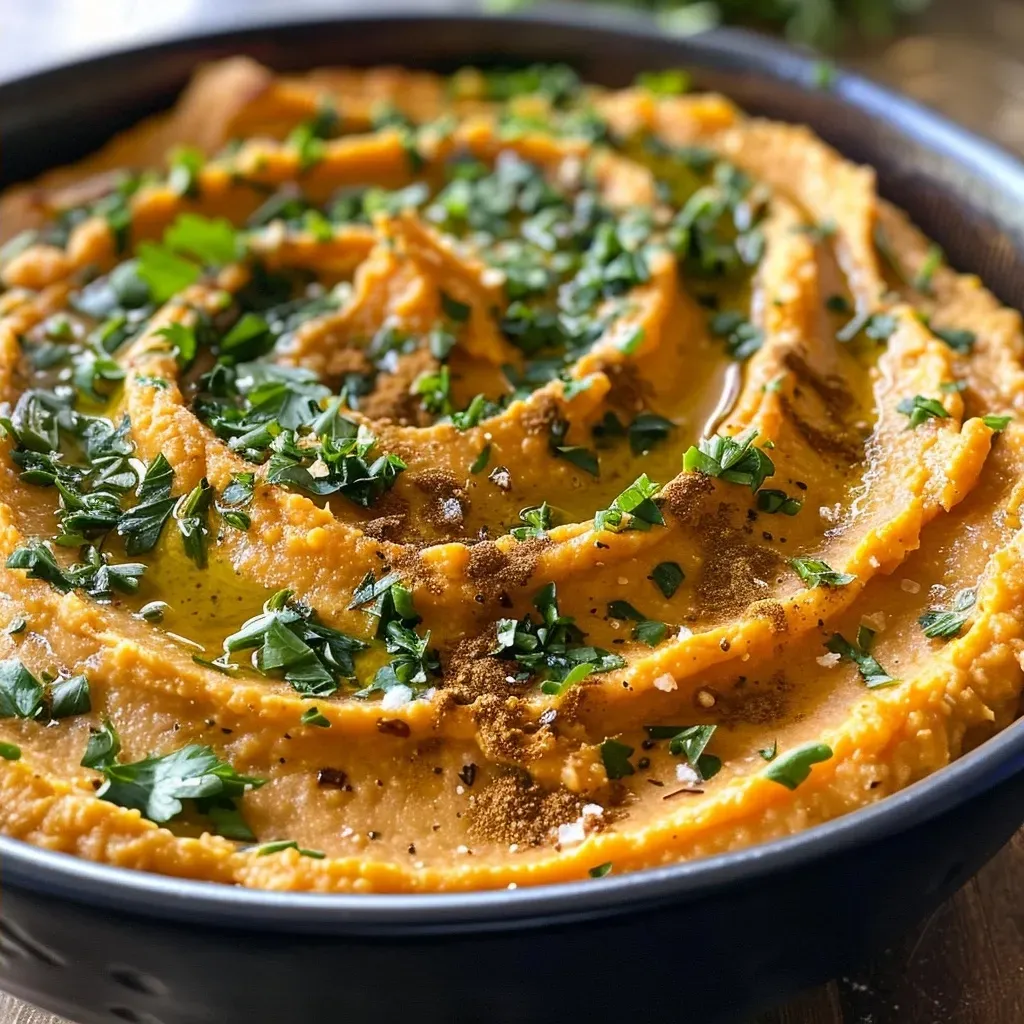Side view of creamy sweet potato hummus with a smooth texture.