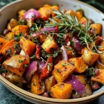 Close-up view of a vibrant bowl of Sweet Potato & Rosemary Chilli with visible chunks of sweet potatoes, herbs, and beans.