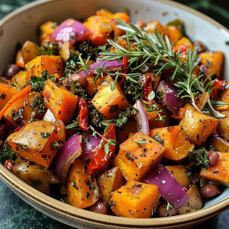A Heartwarming Twist: Sweet Potato & Rosemary Chilli That Brings Joy to Your Table Close-up view of a vibrant bowl of Sweet Potato & Rosemary Chilli with visible chunks of sweet potatoes, herbs, and beans.