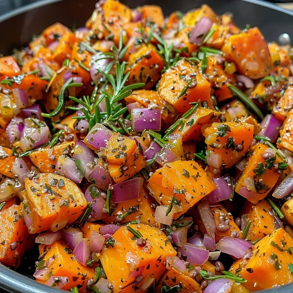 A beautifully arranged side view of Sweet Potato & Rosemary Chilli, showcasing colorful vegetables and garnishes.