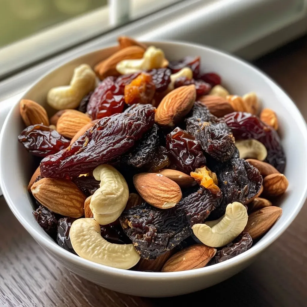 Side view of Sweet & Savory Trail Mix featuring beef jerky, almonds, and cherries.