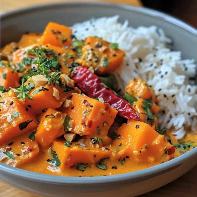 Embracing Spice: A Journey to Thai Pumpkin Curry Bliss A close-up view of a bowl filled with Thai Pumpkin Curry, showcasing vibrant colors and textures.