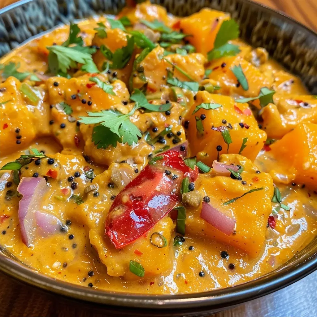 A side view of a steaming bowl of Thai Pumpkin Curry, with chunks of pumpkin and green spinach visible.