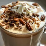 A close-up view of a Toasted Pecan Latte topped with whipped cream and chopped pecans.