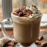 Close-up view of a toasted pecan praline latte topped with whipped cream and crushed pecans.