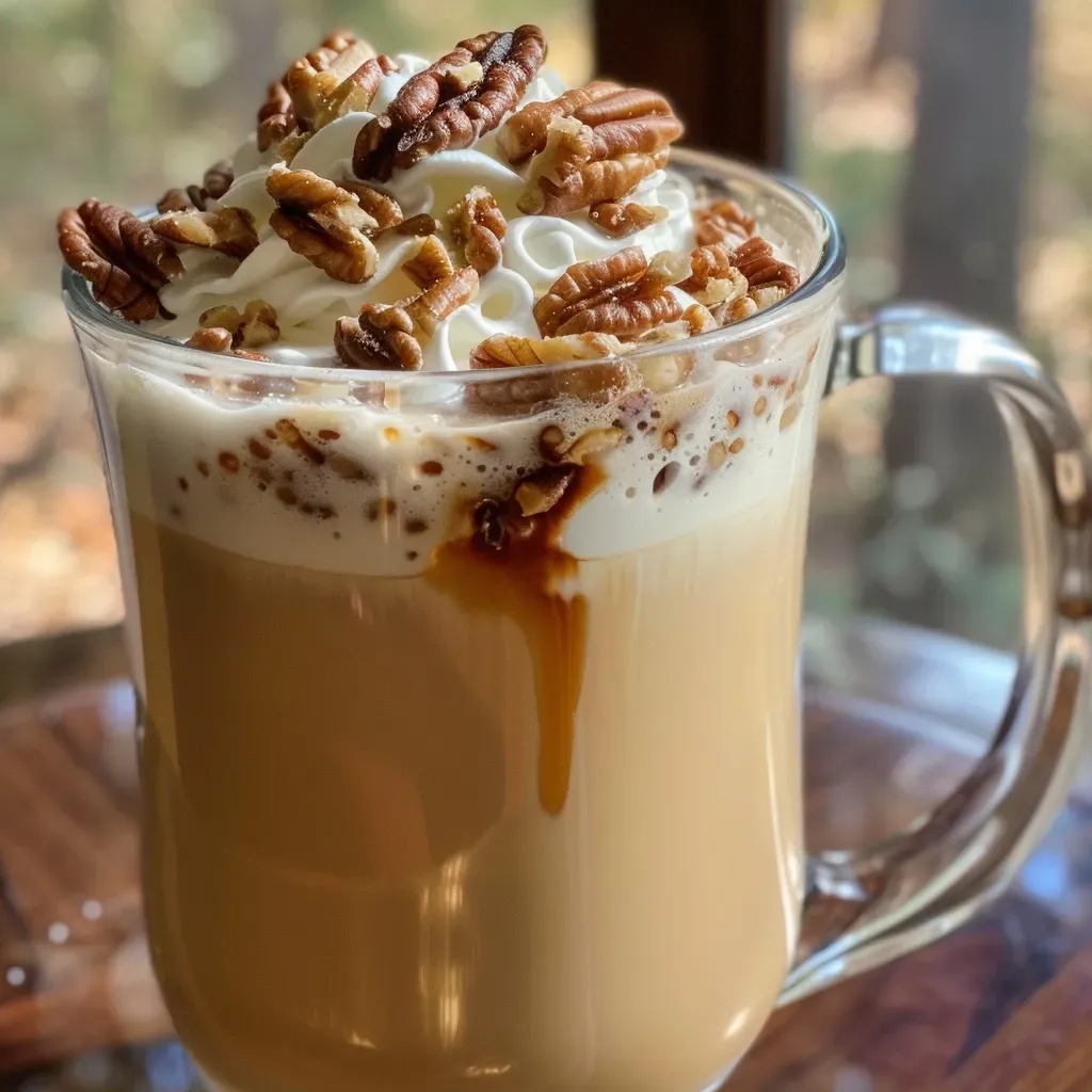 Side angle showing a delicious toasted pecan praline latte with whipped cream and pecan garnish.