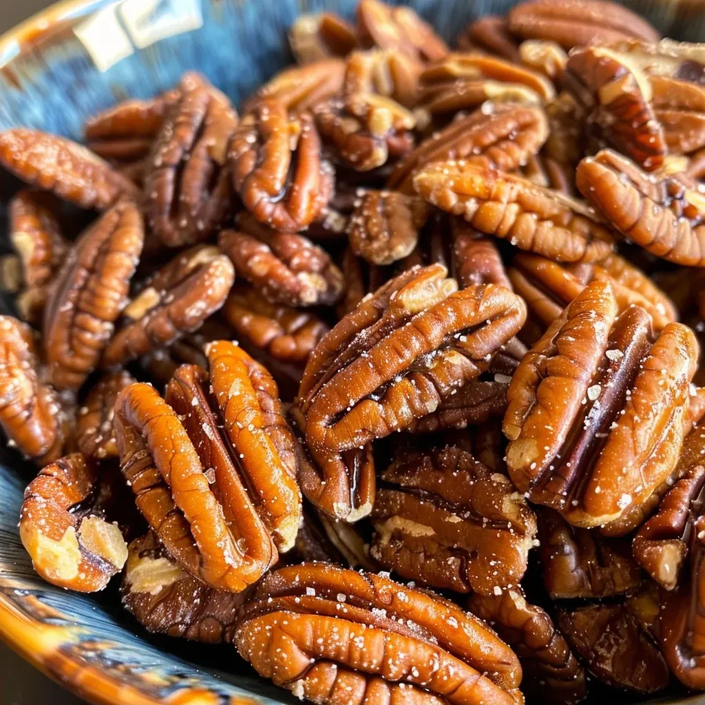 Side view of golden-brown toasted pecans resting on a plate.