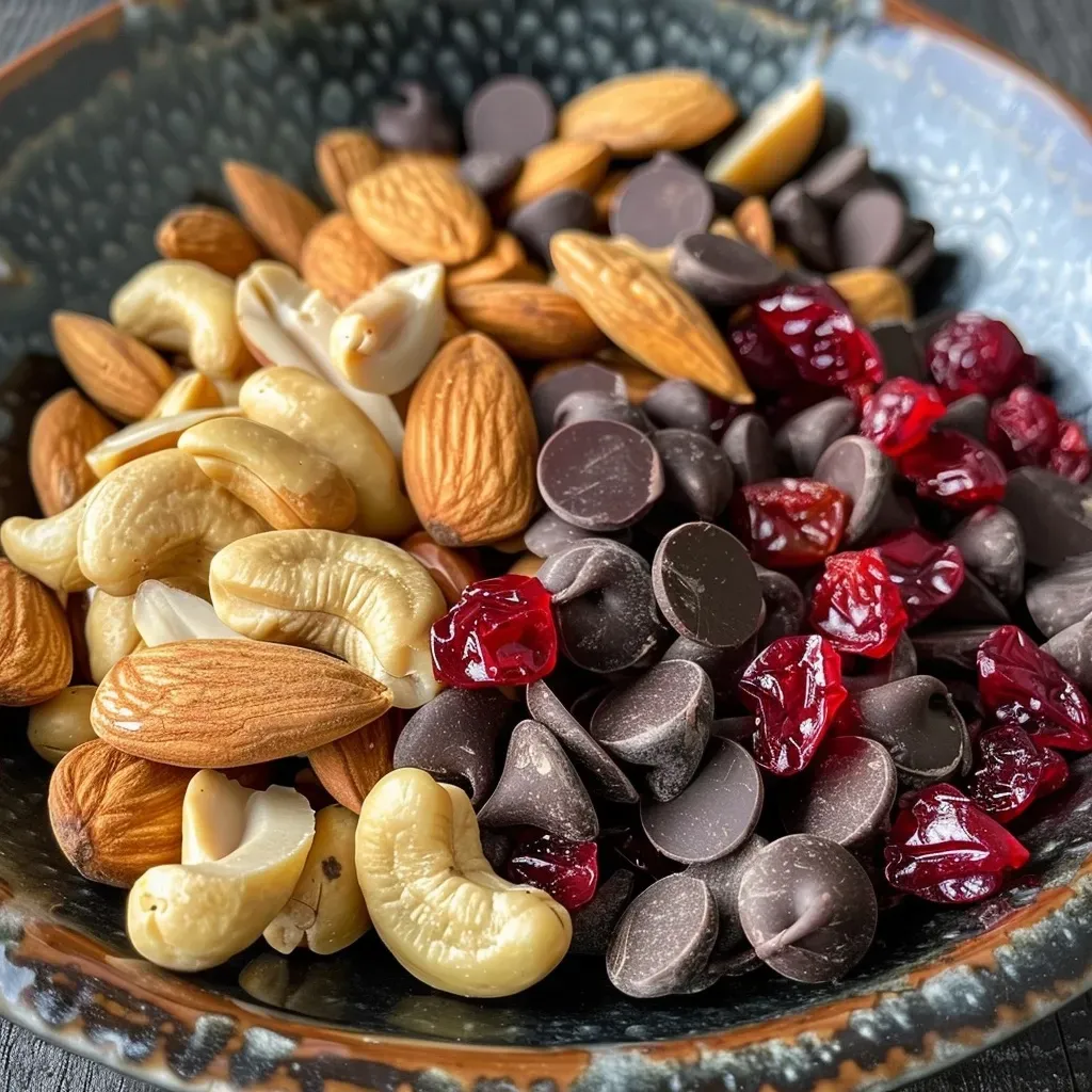 Side view of a vibrant trail mix showing a blend of nuts and dried fruits in a natural setting.