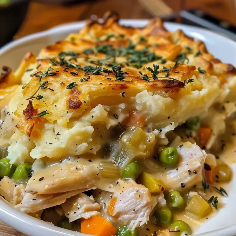 A Cozy Twist on Comfort Food: Turkey Mashed Potato Pot Pie Close-up of a golden-brown Turkey Mashed Potato Pot Pie with a flaky crust.
