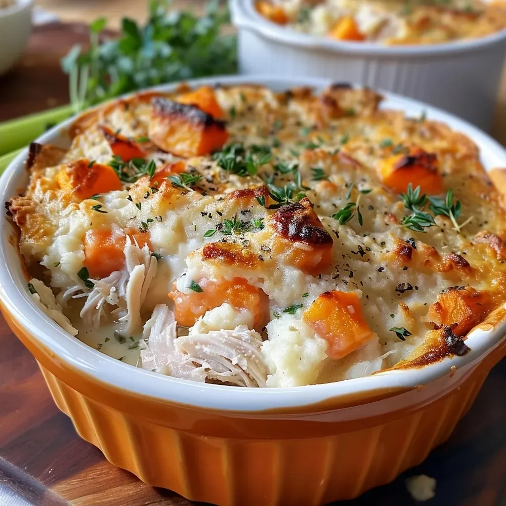 Side view of a steaming Turkey Mashed Potato Pot Pie, showcasing its rich filling.