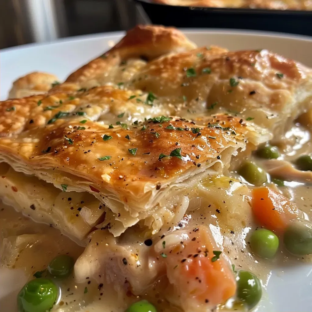 Side view of a delicious Turkey Pot Pie, showcasing its crust and filling of turkey and vegetables.