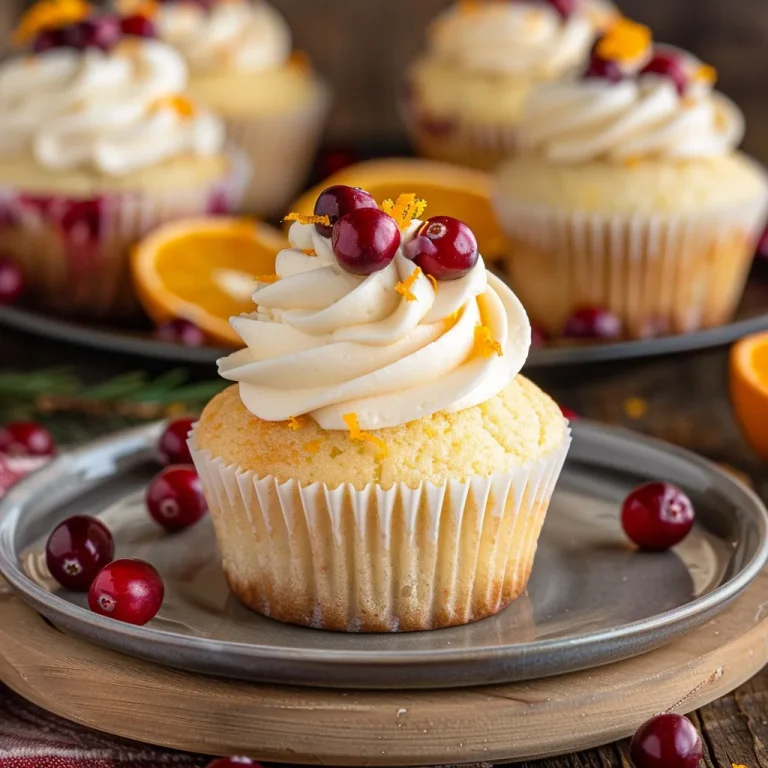 Brighten Your Day with Healthy Cranberry Orange Cupcakes Close-up view of Healthy Cranberry Orange Cupcakes with cream cheese frosting, showcasing vibrant cranberries and orange zest.