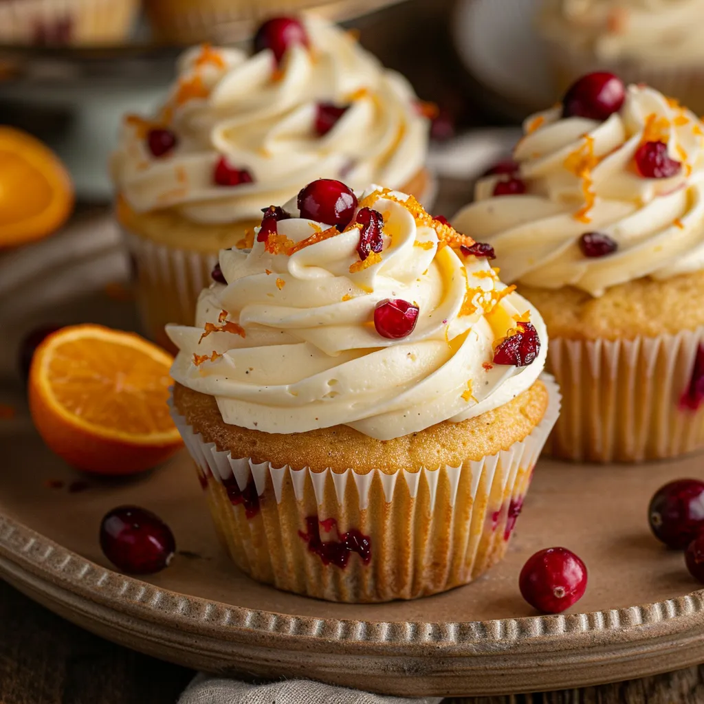 Side view of moist cranberry orange cupcakes topped with smooth cream cheese frosting, decorated with cranberries.