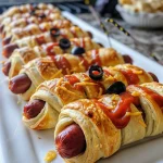 Close-up of Crescent Roll Mummy Hot Dogs with mustard eyes.