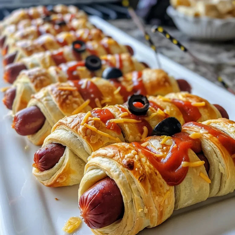Close-up of Crescent Roll Mummy Hot Dogs with mustard eyes.