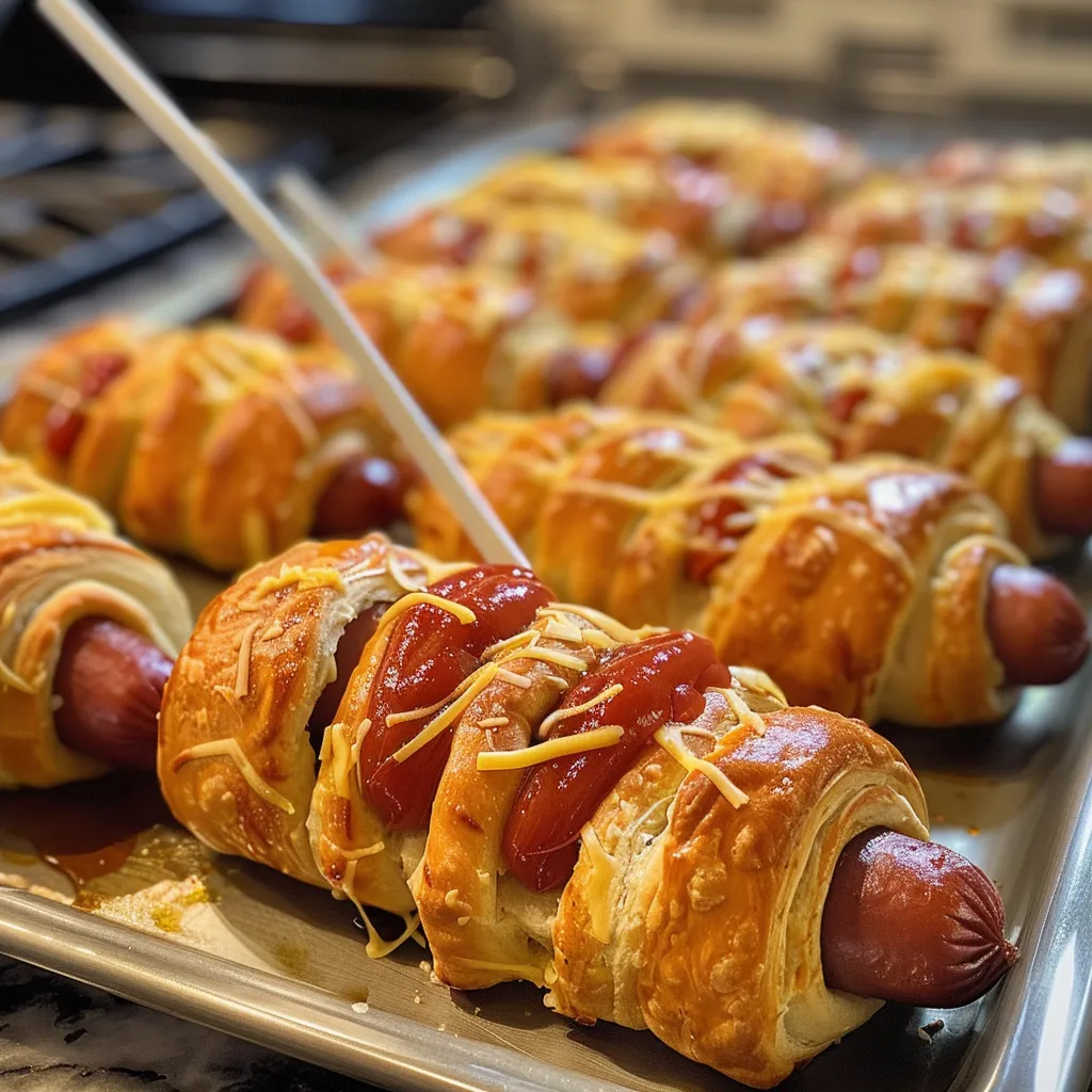Side view of Crescent Roll Mummy Hot Dogs wrapped in dough.