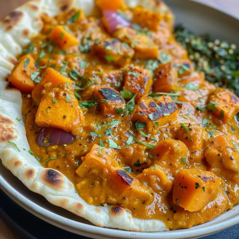 Close-up view of a vibrant Vegan Pumpkin Curry with butternut squash and colorful vegetables.