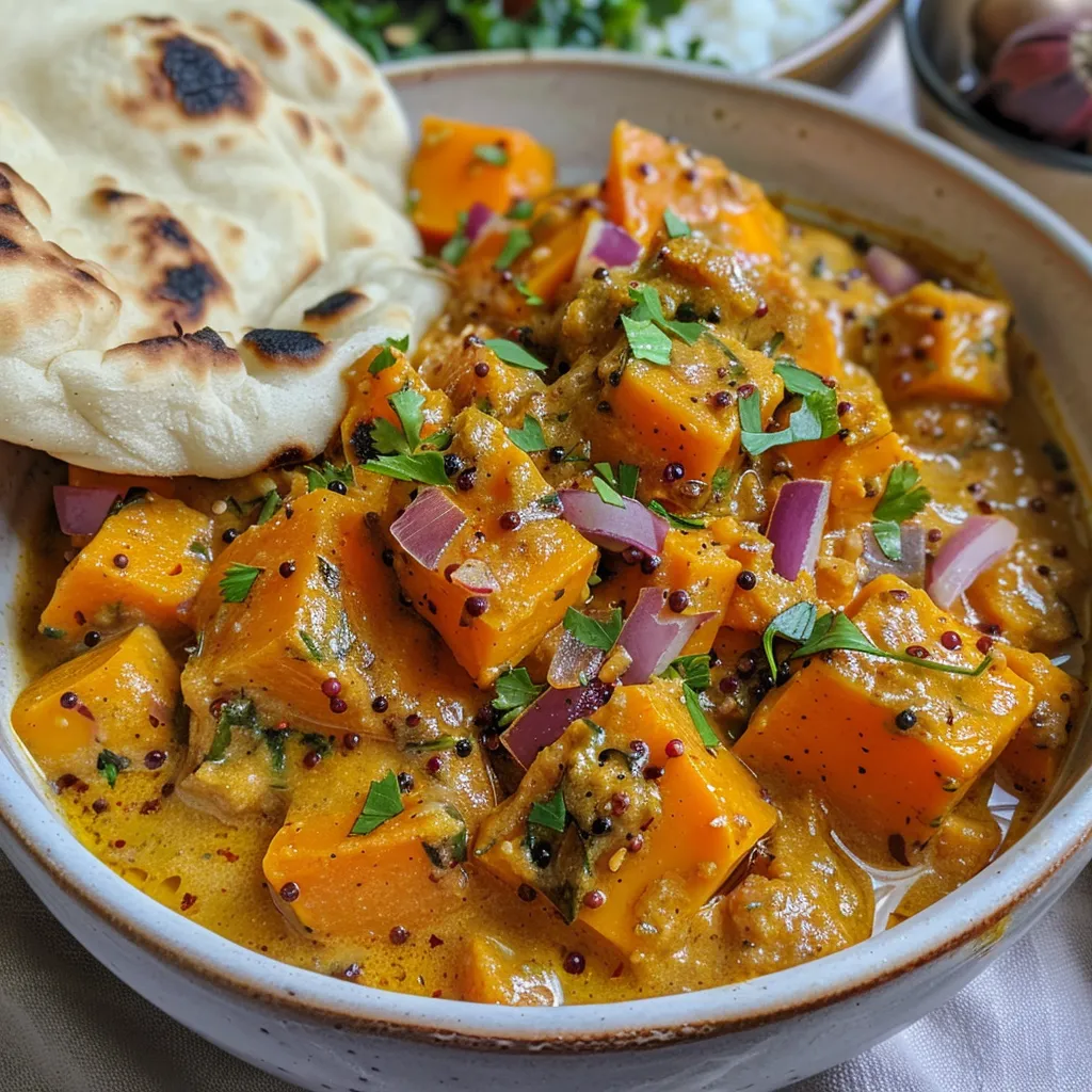 Side view of a bowl filled with Vegan Pumpkin Curry featuring butternut squash, carrots, and peppers.