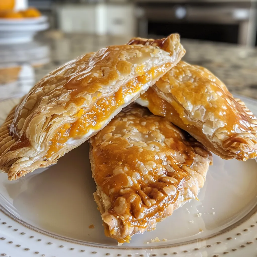 Side view of a delicious Pumpkin Cream Cheese Hand Pie, showcasing its creamy filling.