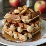 Close-up view of gluten-free apple cinnamon waffles topped with apples.