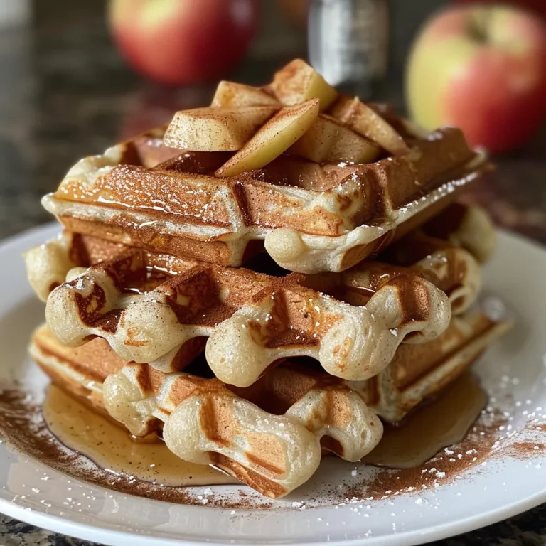 Wholesome Mornings: Delightful Gluten-Free Apple Cinnamon Waffles Close-up view of gluten-free apple cinnamon waffles topped with apples.