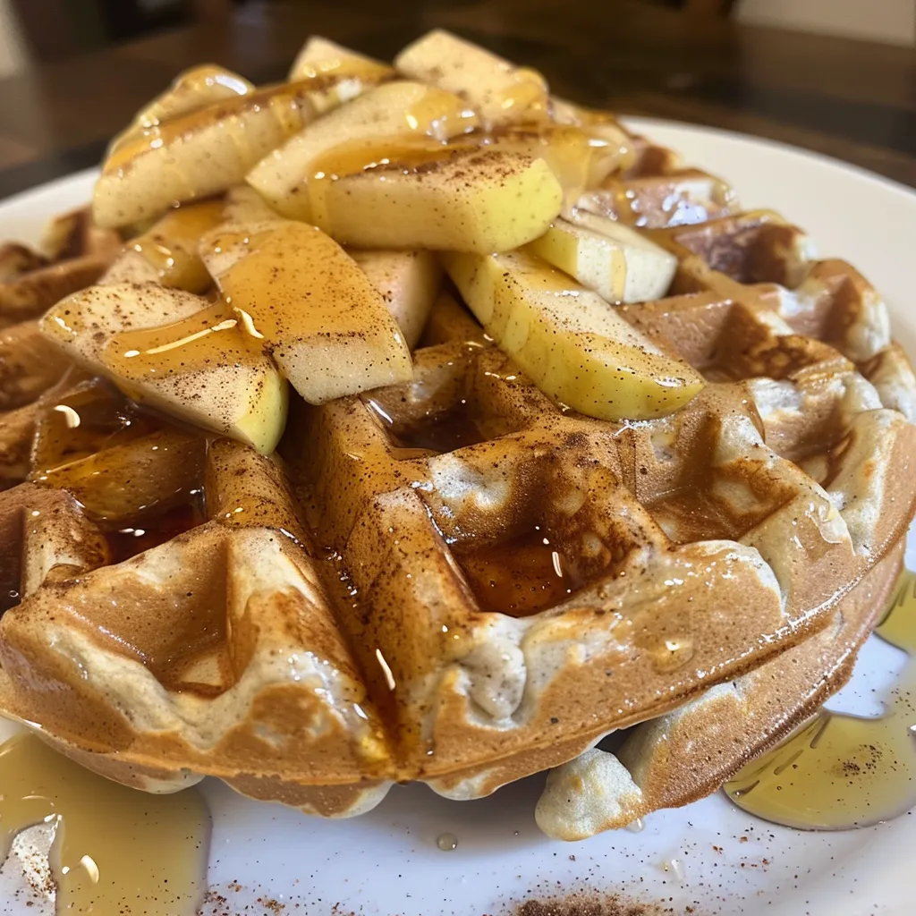 Side view of stacked apple cinnamon waffles with a drizzle of syrup.