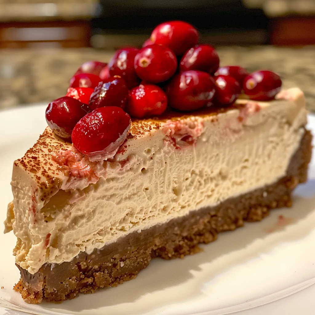 Side view of a decadent low-carb cheesecake topped with fresh cranberries and orange zest.