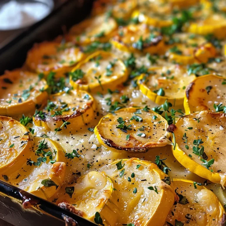 Embracing Summer Flavors: A Delightful Squash Gratin with Nutmeg Béchamel Close-up of a summer squash gratin with a golden crust and fresh herbs.