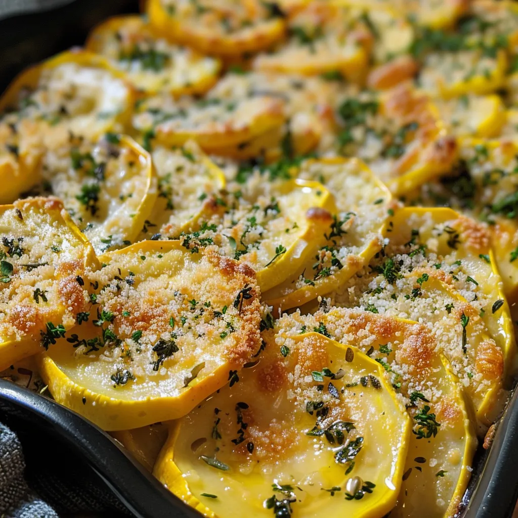 Side view of a colorful summer squash gratin with melted cheese topping.