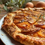 Close-up view of a savory galette filled with caramelized onions and pumpkin, featuring a golden crust and garnished with sliced almonds.