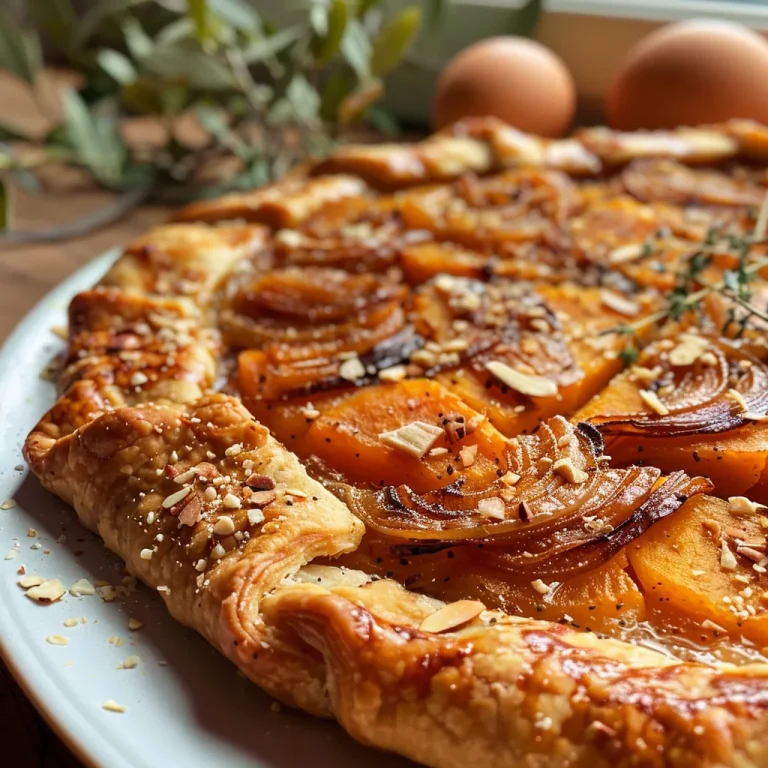 Harvest Harmony: Crafting a Savory Galette with Caramelized Onions and Pumpkin Close-up view of a savory galette filled with caramelized onions and pumpkin, featuring a golden crust and garnished with sliced almonds.