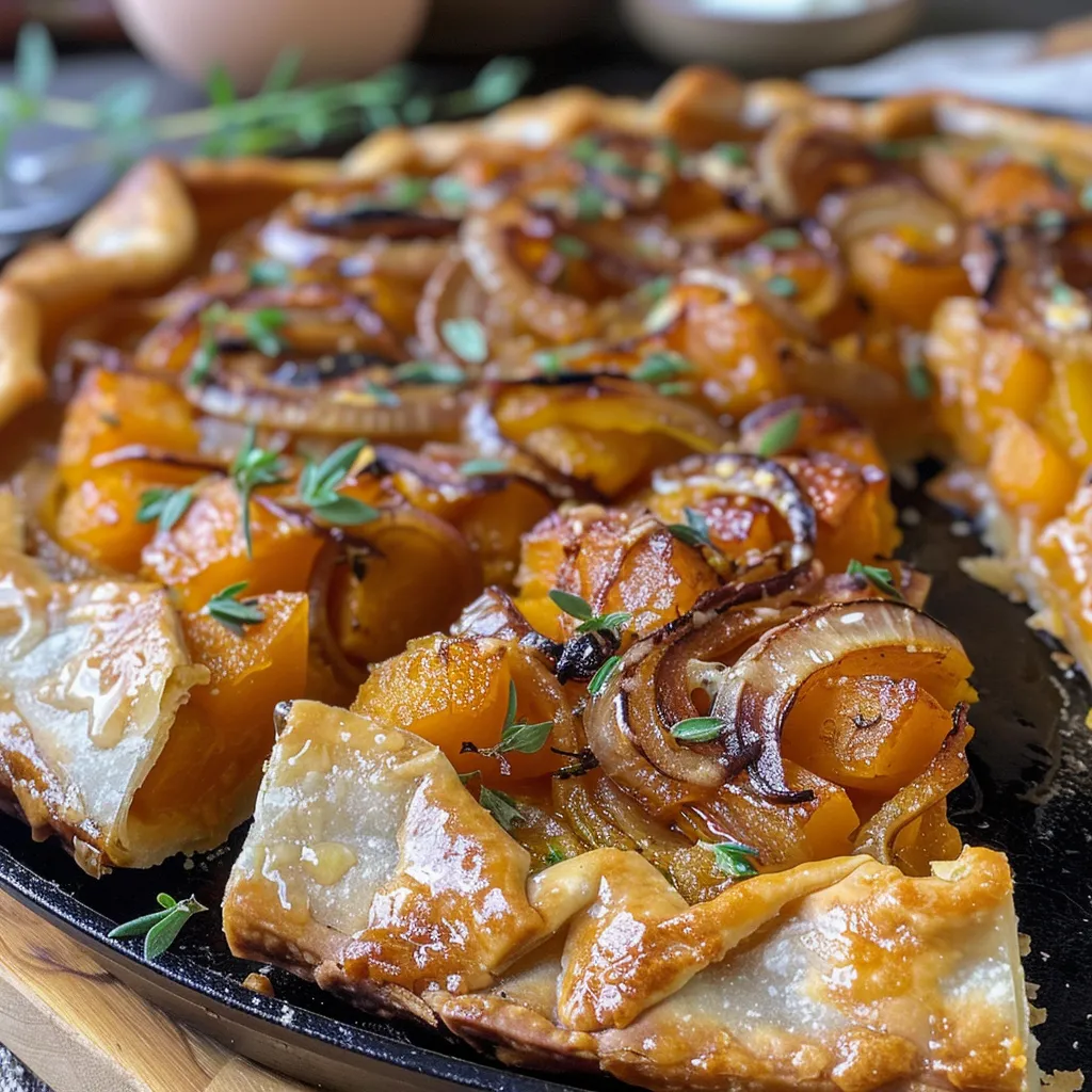Side view of a delicious savory galette topped with caramelized onions, pumpkin puree, and a sprinkling of flaky sea salt.