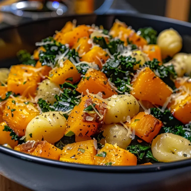 Embracing Autumn: A Warm Embrace of Roasted Garlic Butternut Squash and Gnocchi Close-up view of roasted garlic butternut squash and gnocchi on a plate.