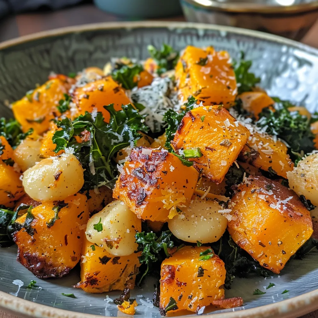 Side view of a delicious serving of butternut squash gnocchi with garlic and kale.